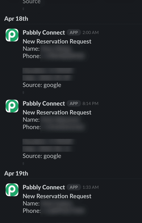 The internal channel our team used to watch Local Lead Machine fire in real time, customer data redacted for privacy.